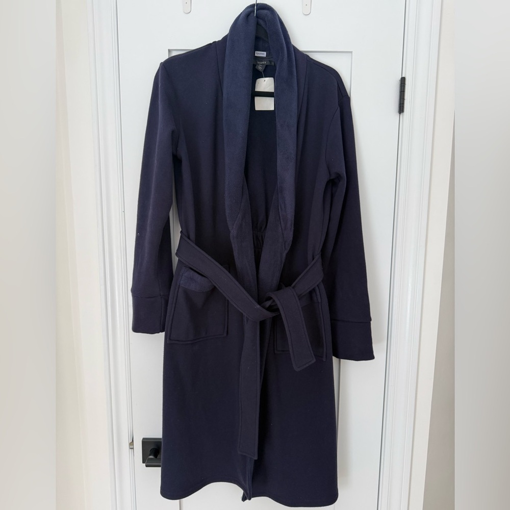 Tahari Navy Belted Shawl Collar Cardigan Coatigan L Cozy Minimalist NWT - Picture 2 of 4